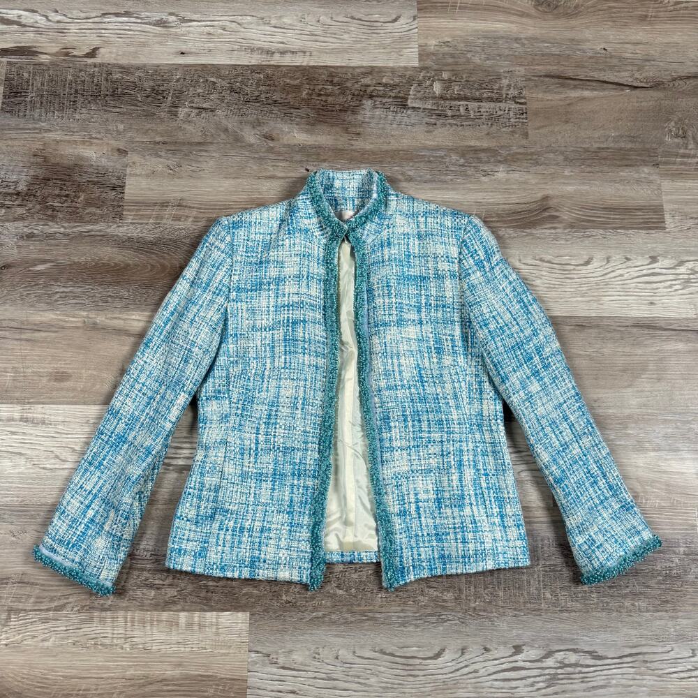 Vintage 90s Tweed Lady Jacket Beaded Old Money Preppy Mod Cocktail Blue Fall 8